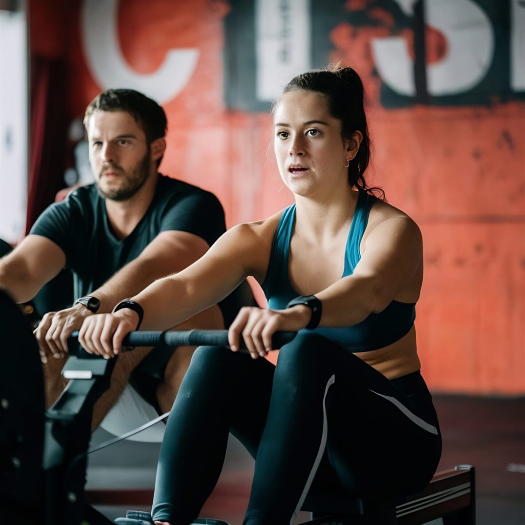 young-man-beautiful-women-working-out-with-rowing-machine-crossfit-gym copiar